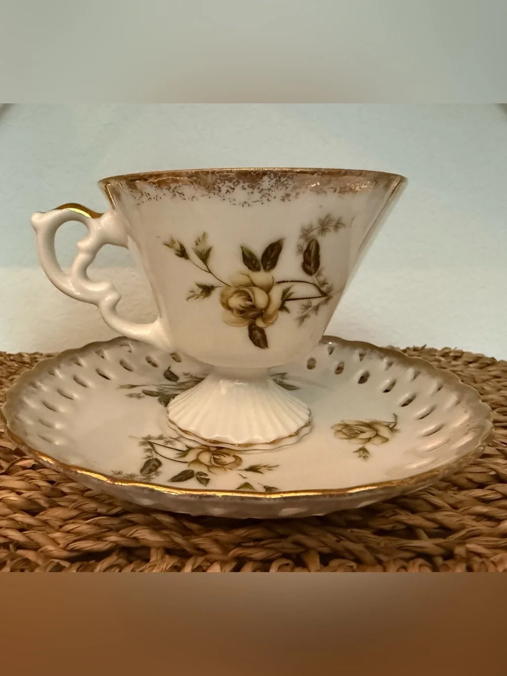 VTG Made in Japan Pedestal Tea Cup & Reticulated Saucer Set Gold Yellow Rose